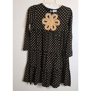 Hanna Anderson Dress Girl's 140 (US 10) 9-10 Years Old Black Gold Polka Dots
